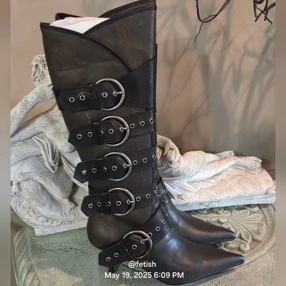 Jeffery Campbell Knee High Seatbelt Boots Brown Distressed Leather Grainy #70 - Picture 10 of 12
